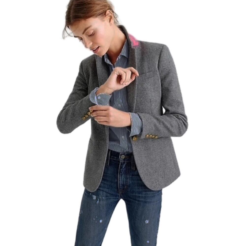 J.Crew Women's Campbell Gray‎ Tweed Wool Blazer Gold Buttons Academia Classic